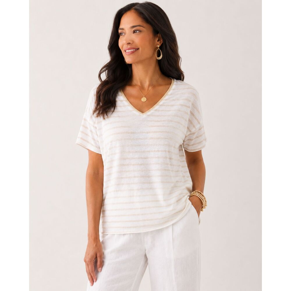Chico's 100% Linen Stripe Tee Gold Trim Relaxed White Beige Coastal Sz L